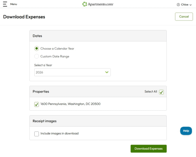 A screenshot of the “Download Expenses” page on Rental Tools shows how users can customize their downloaded expenses.