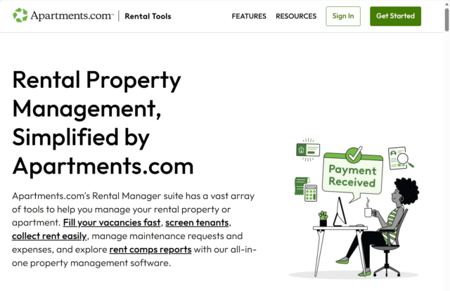 A screenshot of the Rental Manager home page shows a green "Get Started" button in the top right corner.