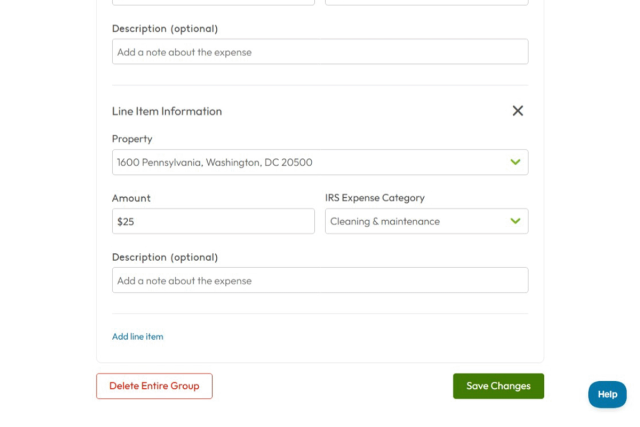 A screenshot of the “Add Expense” page on the expense tracking dashboard shows where users can add line items.