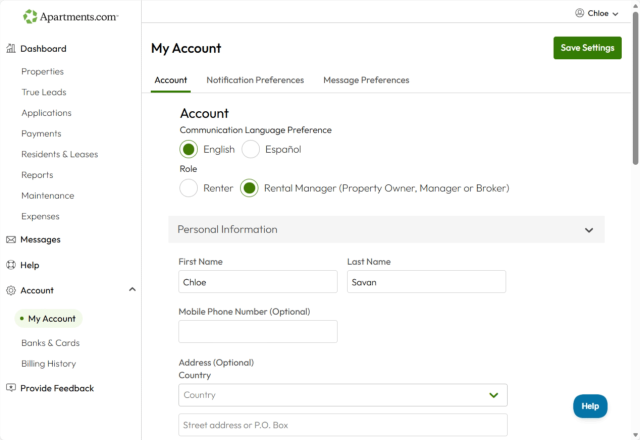 A screenshot of the "My Account" page on Apartments.com shows user preferences like language, role, and contact information.