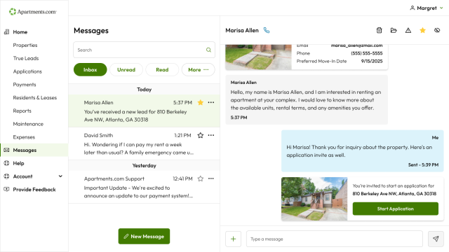 Computer screen of application invite in messages on Apartments.com.