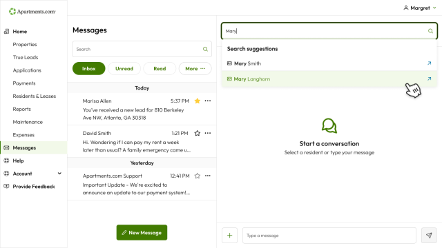 Computer screen of messages on Apartments.com.