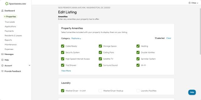 A screenshot of the amenities editing page shows amenities selected.