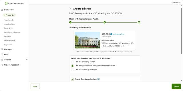 A screenshot of the third step in the listing creation process shows a preview of the listing placard on Apartments.com.