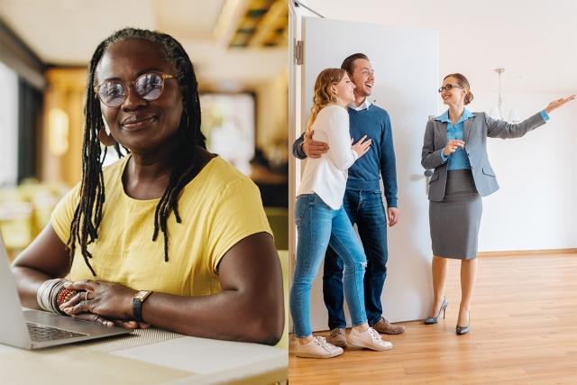 Woman working on computer while a business woman shows a couple an apartment.