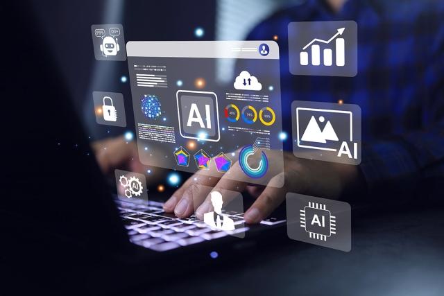 Person typing on computer with AI overlay.