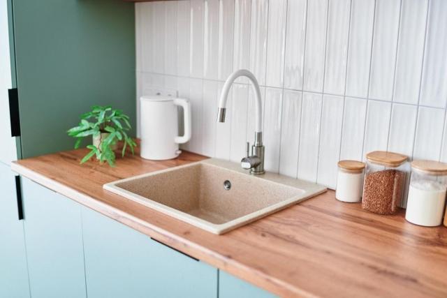 A kitchen sink surrounded by canisters and a potted plant