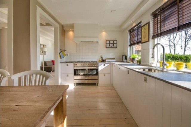 View of a beautiful kitchen with white cabinets and hardwood floors