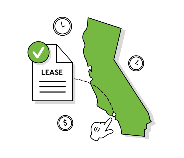 A cursor points to Los Angeles, and a lease template is produced.