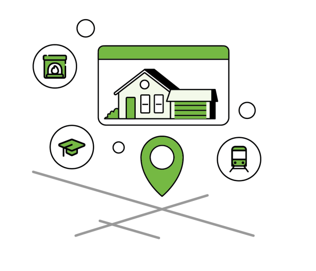 A map pin placed on a street, with images and amenities floating around.