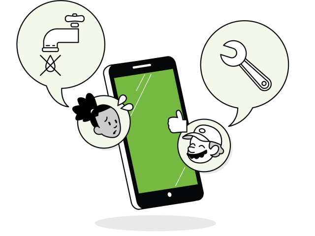 An illustration of a property manager requesting a repair for a broken faucet from a contractor via mobile.