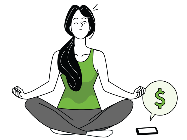 A woman practicing yoga and receiving a payment notification email on her phone