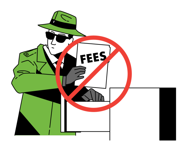 An illustration of a suspicious person sneaking a folder labeled 'fees' into a filing cabinet, with a 'no' symbol placed over the illustration.