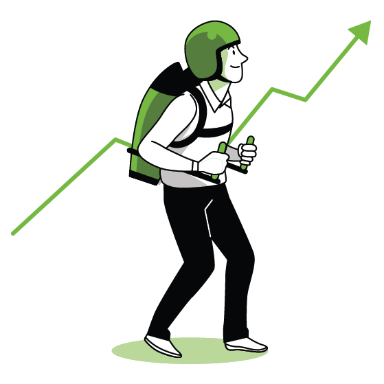 An illustration of a man with a rocket backpack gets ready to lift off.