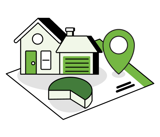 Representation of a rent comp report with a house and a pie chart.