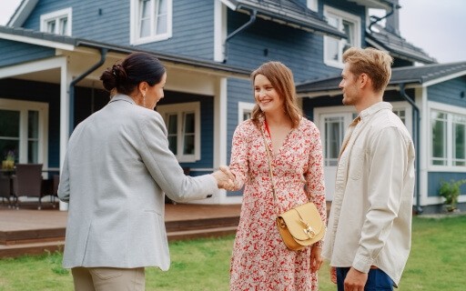 A young couple shakes hands with a landlord in front of a blue rental house.