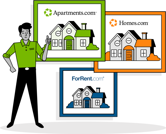 A man giving a thumbs up next to frames of Apartments.com, Homes.com and ForRent.com.
