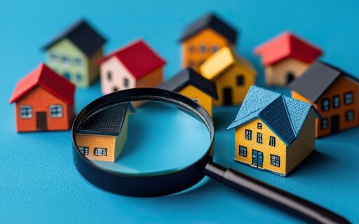 A magnifying glass sits amongst colorful house trinkets 