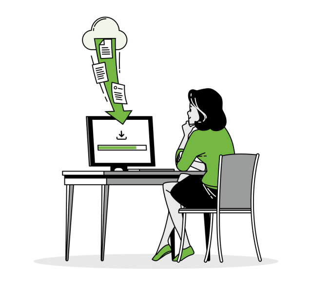 A woman with a cloud of pdfs downloading to her computer