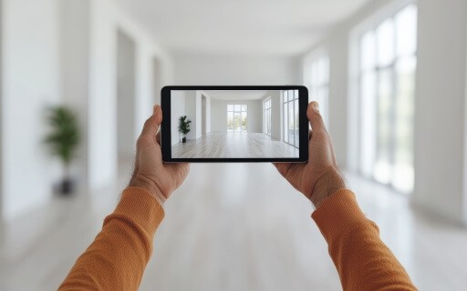 Tenant views a 3D tour on their tablet. 