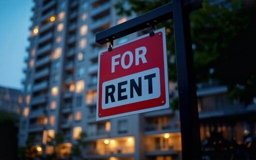 For rent sign sitting outside of apartment building.