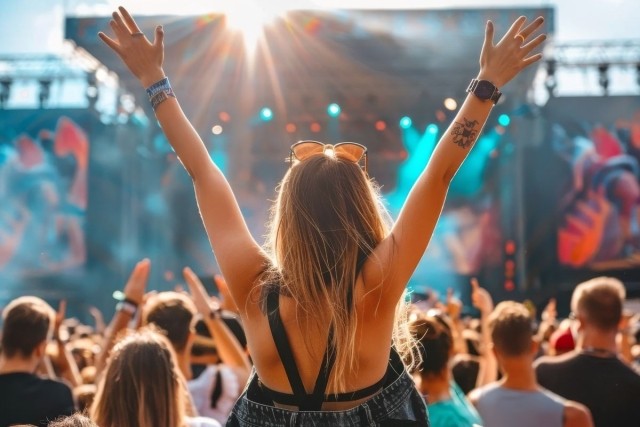 Woman raising her arms at an outdoor concert.