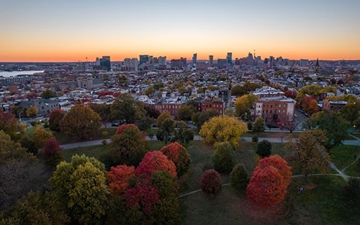 High-rises and townhomes stretch tall above a park full of trees in Boston.
