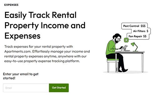 A screenshot of the expense tracking landing page on Apartments.com Rental Tools shows a field where users can enter their email address to sign up. 