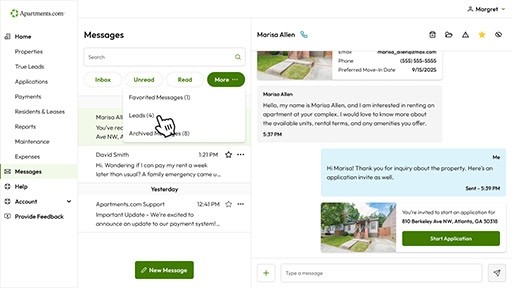 Computer screen of leads in messages on Apartments.com.