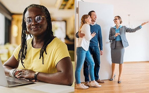 Woman working on computer while a business woman shows a couple an apartment.