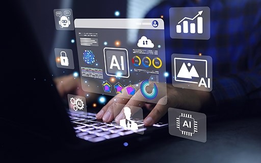 Person typing on computer with overlays of AI.
