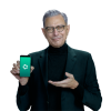 Jeff Goldblum holding phone with aparments.com app opened