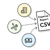 An illustration of an expense report being compiled into a CSV file.