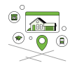 A map pin placed on a street, with images and amenities floating around.
