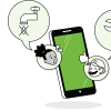 An illustration of a property manager requesting a repair for a broken faucet from a contractor via mobile.