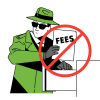 An illustration of a suspicious person sneaking a folder labeled 'fees' into a filing cabinet, with a 'no' symbol placed over the illustration.
