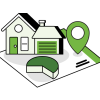 Representation of a rent comp report with a house and a pie chart.