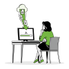 A woman with a cloud of pdfs downloading to her computer